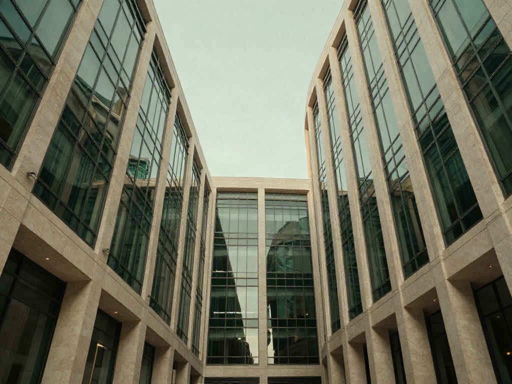 An upward perspective of contemporary glass and stone office architecture