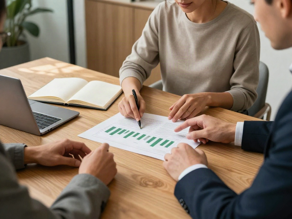 Consultants collaborating on business performance charts during a strategy review